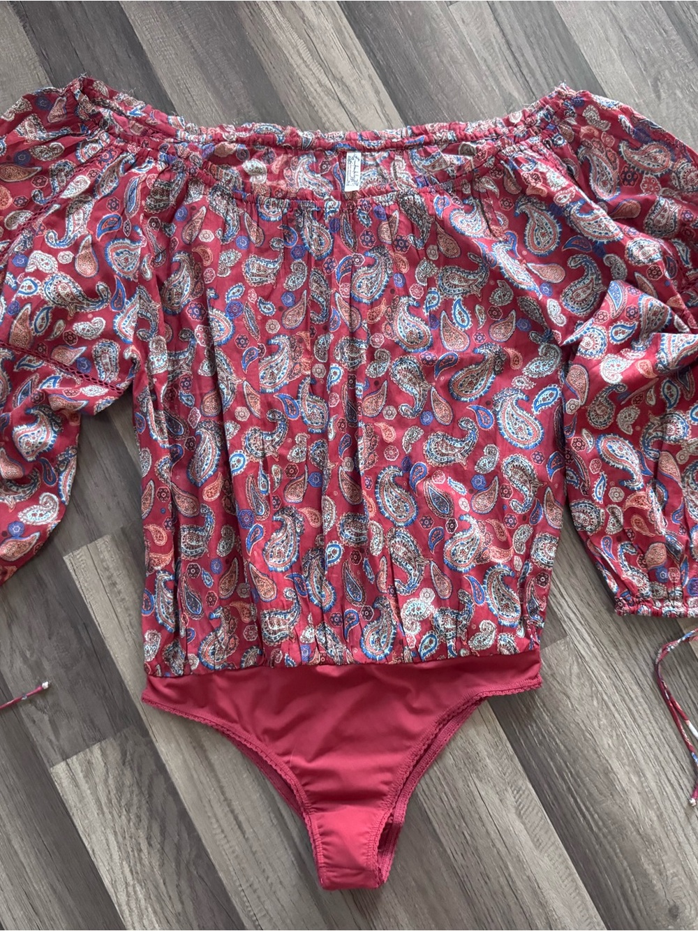Free People Intimately Red Paisley Off-Shoulder One-Piece Bodysuit Med